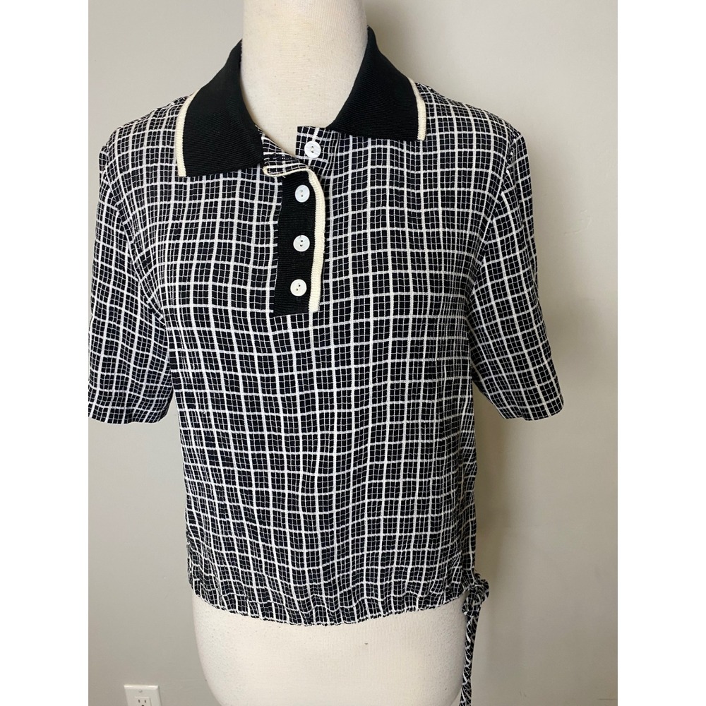 Vintage Taurus II Black White Grid Polo Top Drawstring Waist 80s 90s Made in USA
